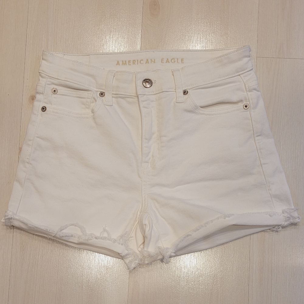 American Eagle AEO Distressed High Waisted Stretchy White Jean Shorts